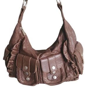 Vintage Treesje Slouch Cargo Hobo Ruffle Leather Shoulder Bag
